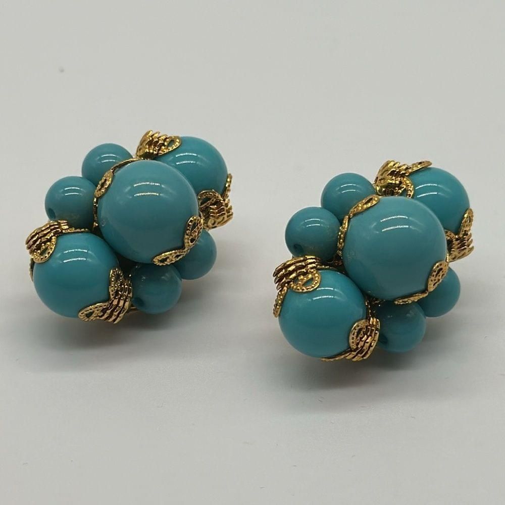 Vintage Joan Rivers Cluster Earrings Faux Turquoise Bead Gold Clip On