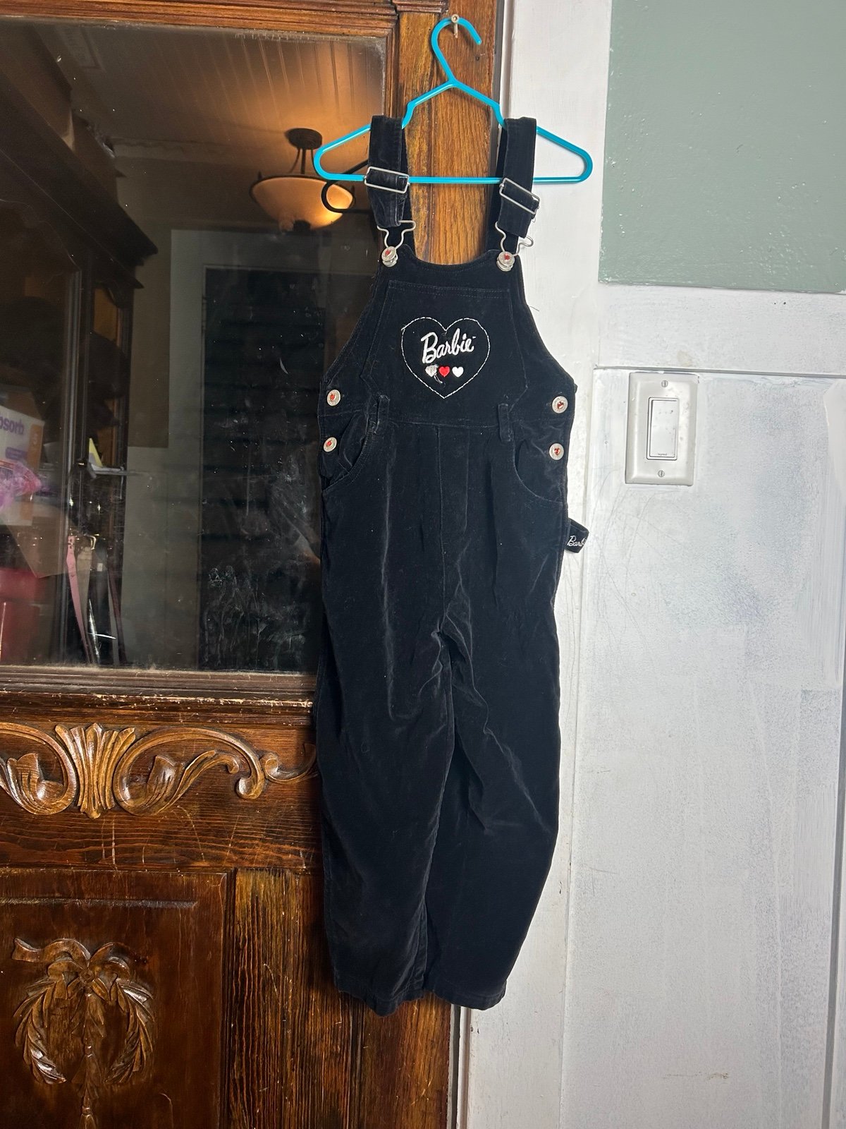 Vintage 5T black velvet style barbie heart overalls