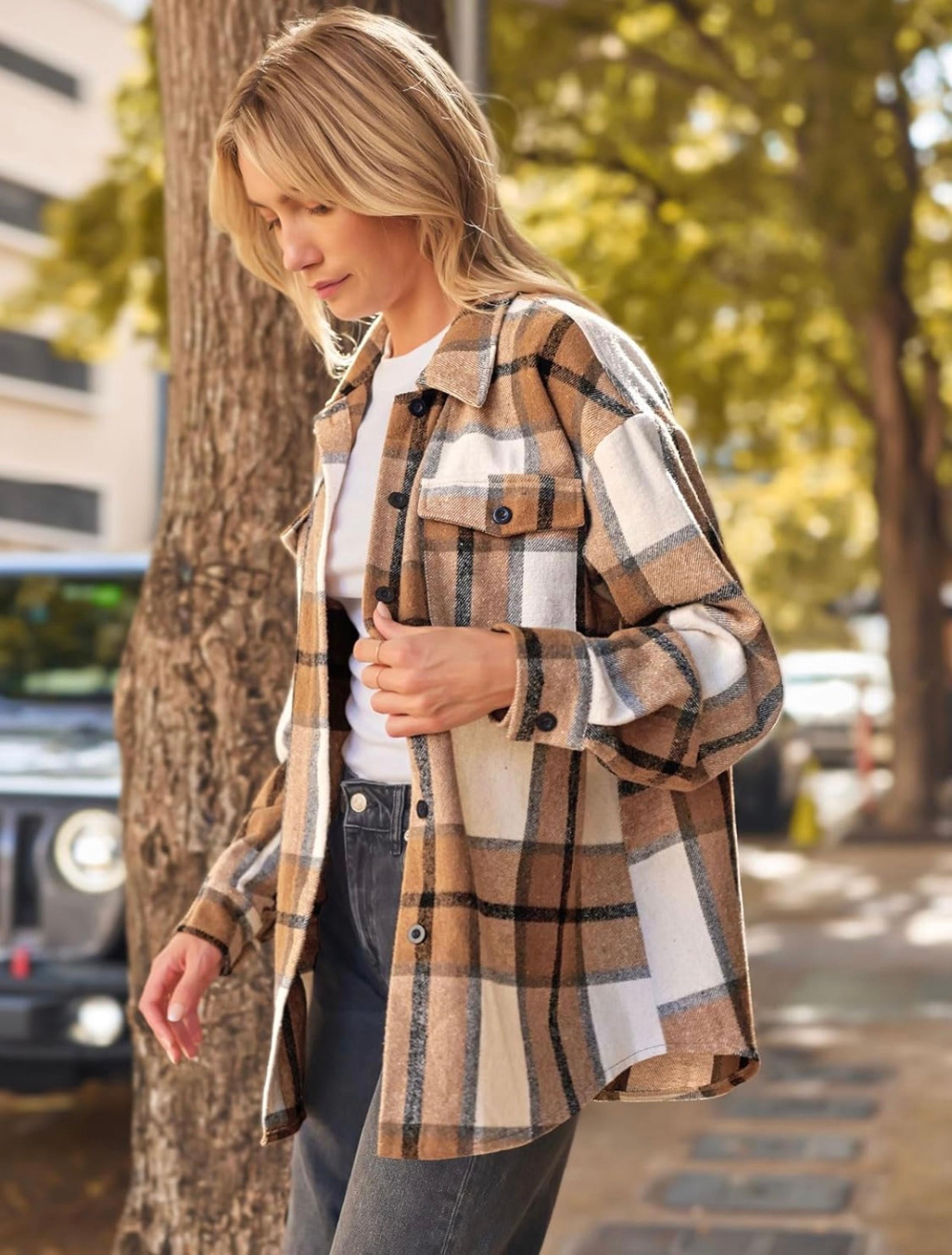 Womens Casual Plaid Shacket Button Down Long Sleeve Shirt