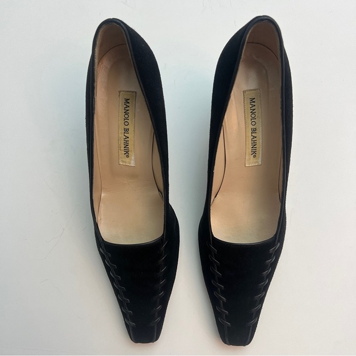 Vintage Manolo Blahnik Black Suede, Pointed Toe Heels, Size 39.5/8