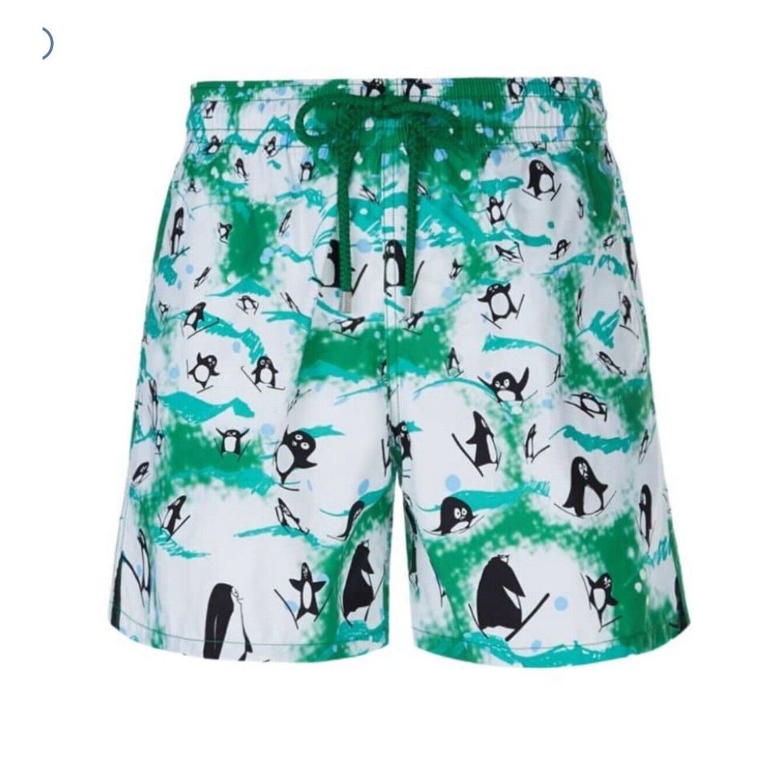 Vilebrequin Happy Penguins Green Swim Shorts Men’s Size M Quick-Dry Tropical
