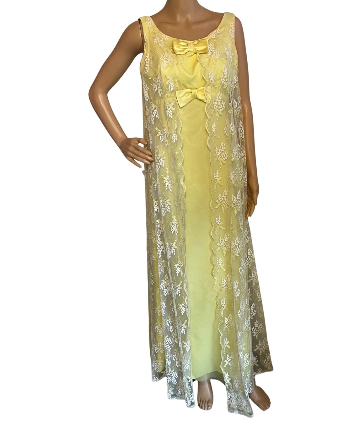 Vintage 60s 70s Yellow Formal Lace Maxi Dress with Bow Details