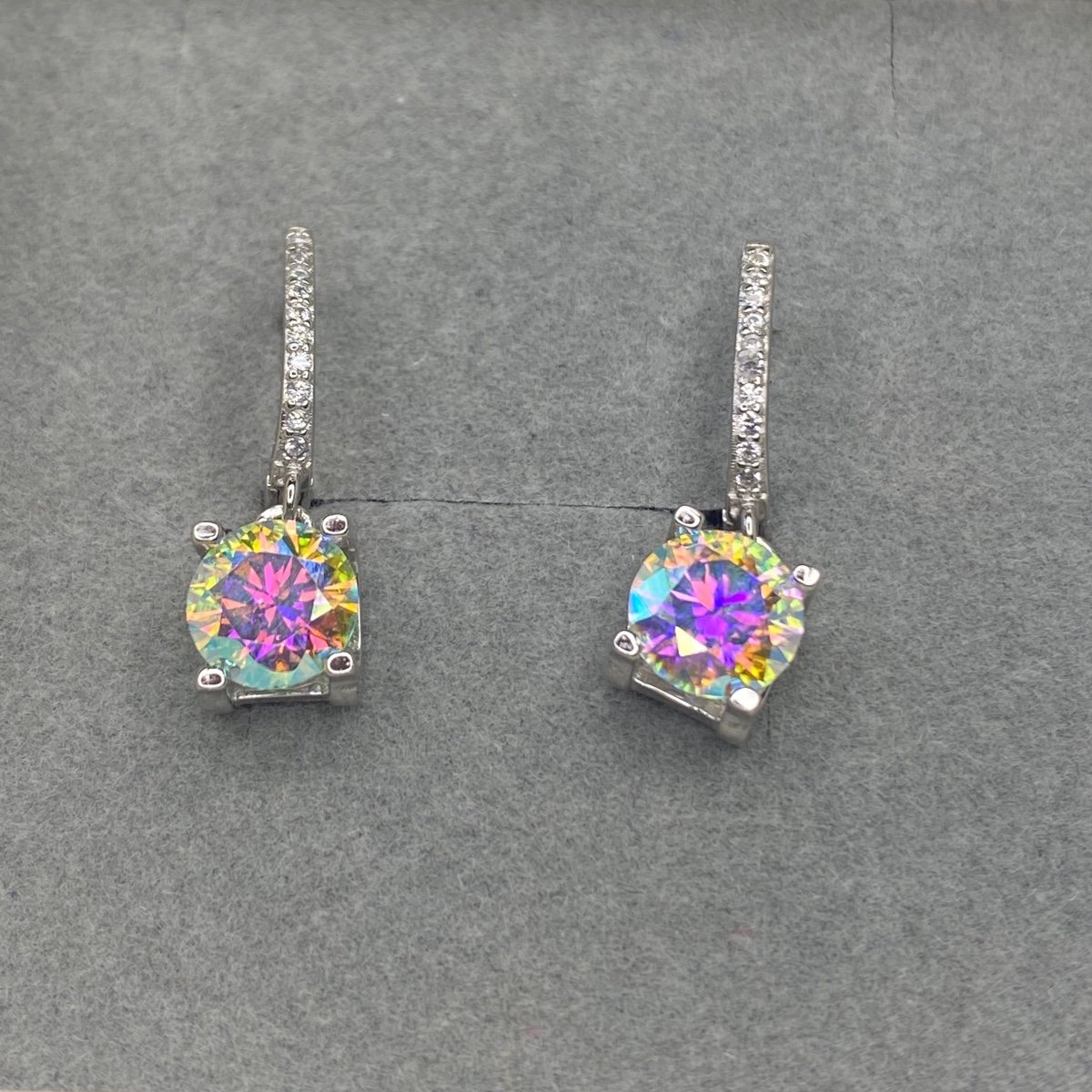 Certified, 2ct Mercury Mist Mystic Moissanite dangle earrings