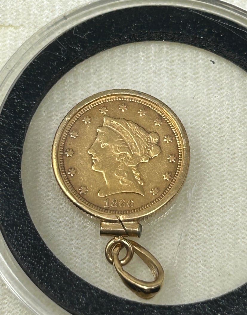 Yellow Gold 1866 Liberty Head 2 1/2 D Coin Pendant 14k & 90% U.S.