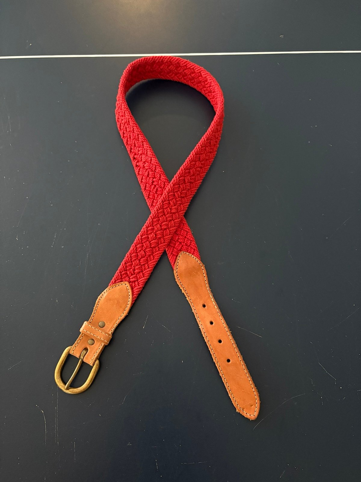 Vintage 1990s Red Braided Belt – USA Made – Genuine Leather & Brass Buckle