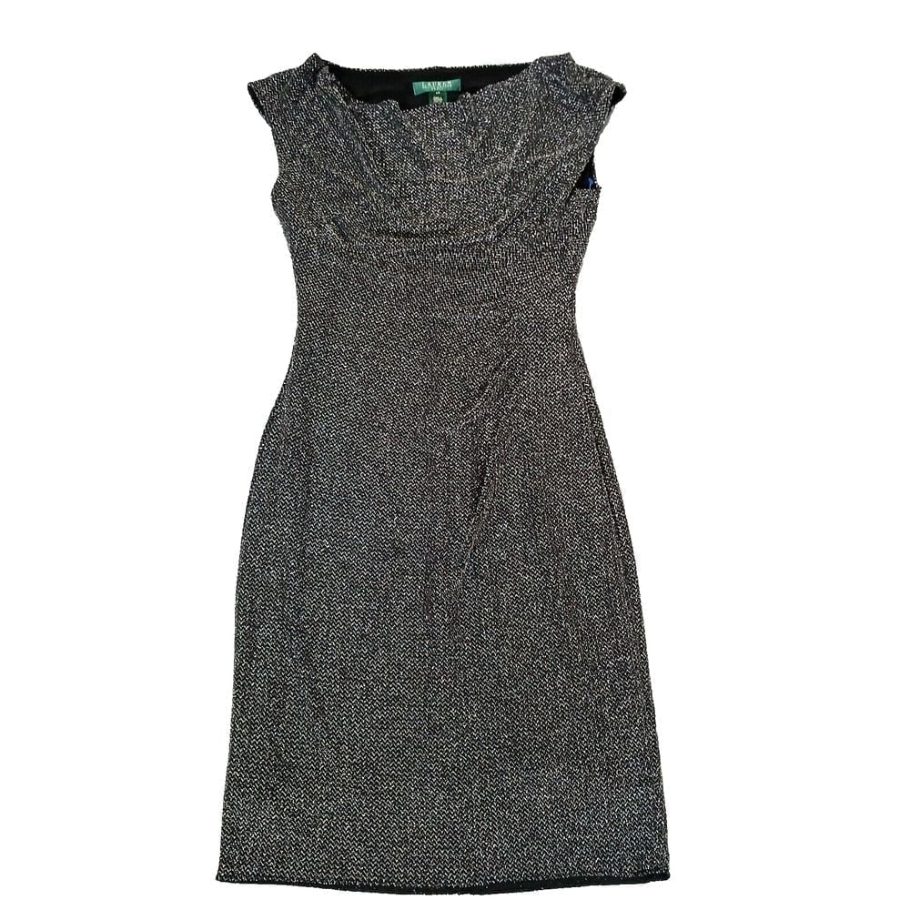 Lauren Ralph Lauren Womens Black & Silver Metallic Sheath Dress Ruche Size 4P