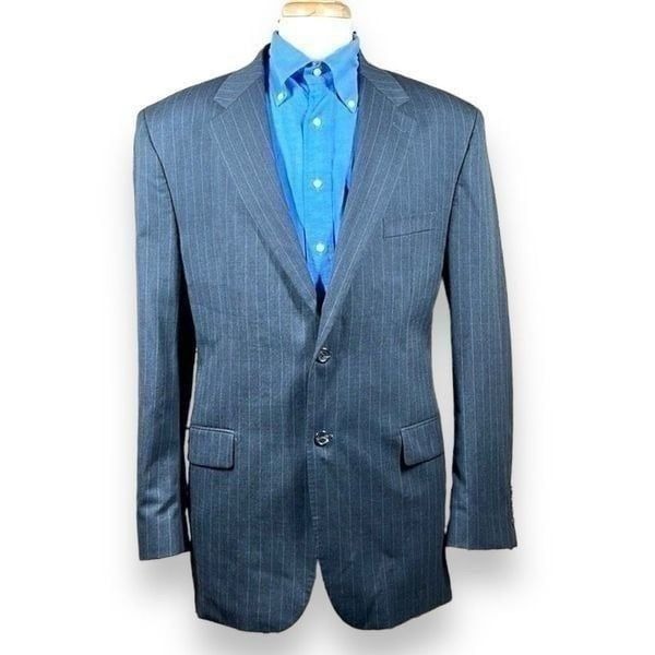 CHAPS Suit Jacket Mens 44L Gray Pinstripe Wool Two Button Sport Coat