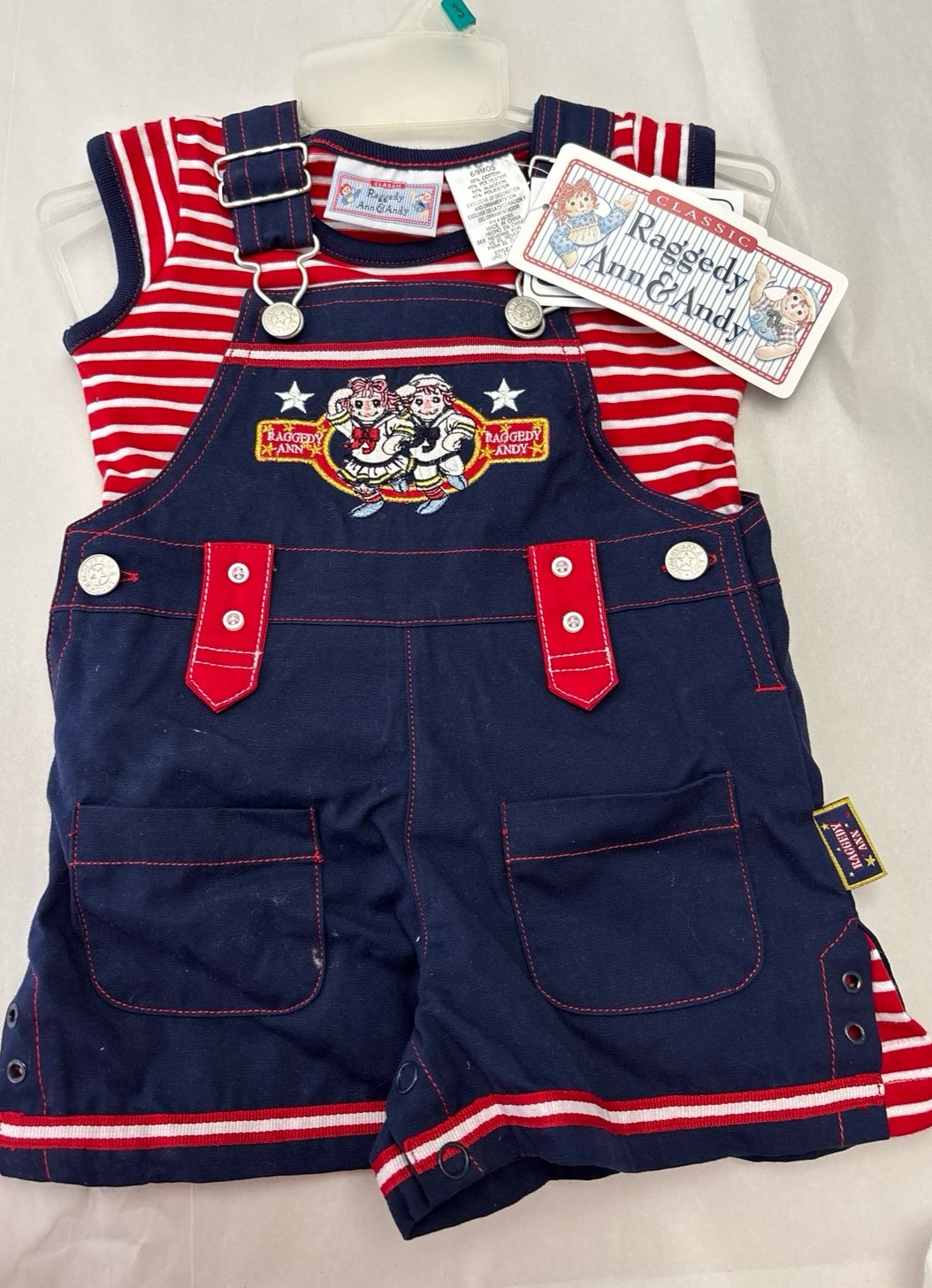 NWT-vintage y2k-Raggedy Ann and Andy- shortall set- embroidered- patriotic 6/9 m