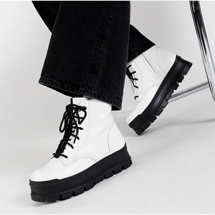 Ugg Sidnee Waterproof Platform Lace Up Combat Boots Shearling White Leather US 6