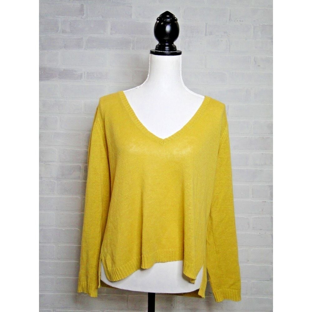 Eileen Fisher Organic Linen Sweater Petite Medium Yellow V Neck Loose Light Fit