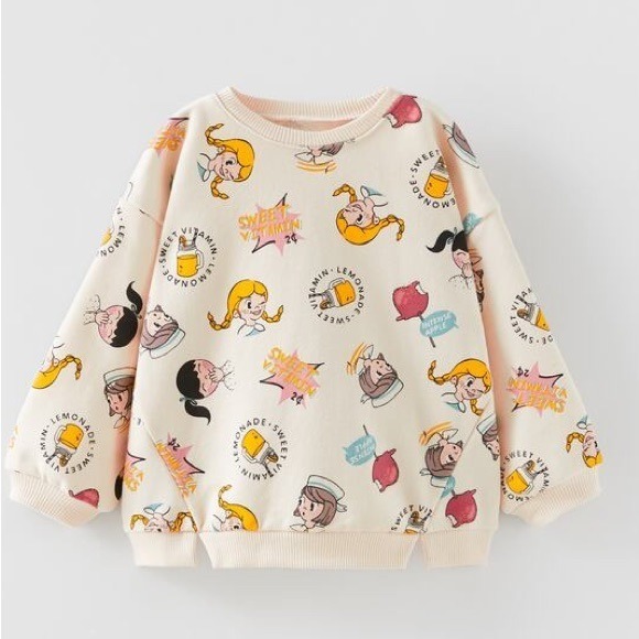 NWT. Zara Cream Face Pattern Print Crew Neck Sweatshirt. Size 4-5.