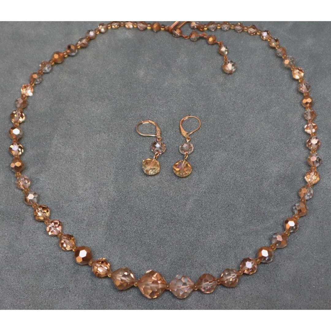 Vintage Gold Faceted Crystals Necklace & Earrings Set