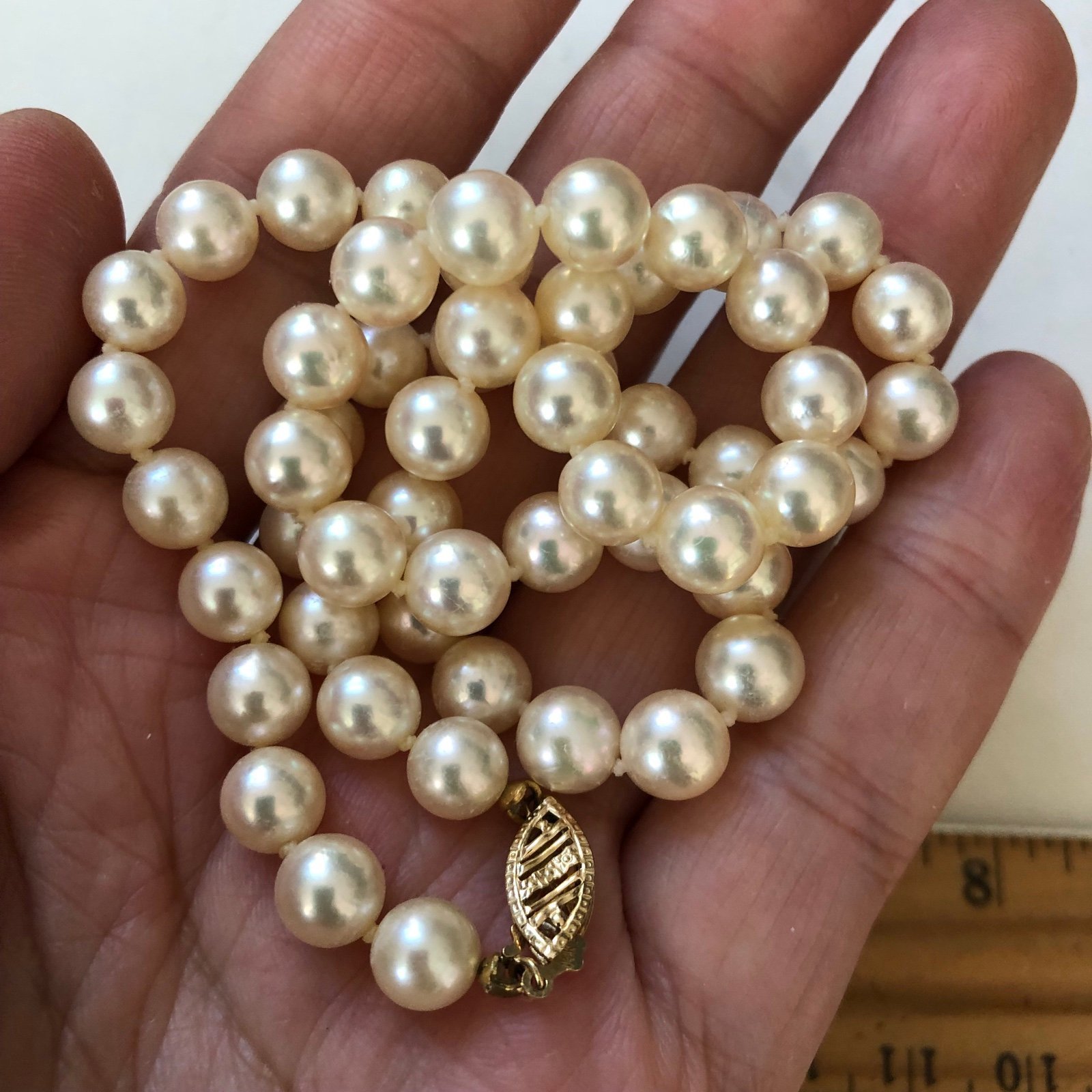 AAAA top quality 7.2mm creamy white Akoya pearl necklace with 14k gold clasp 16”