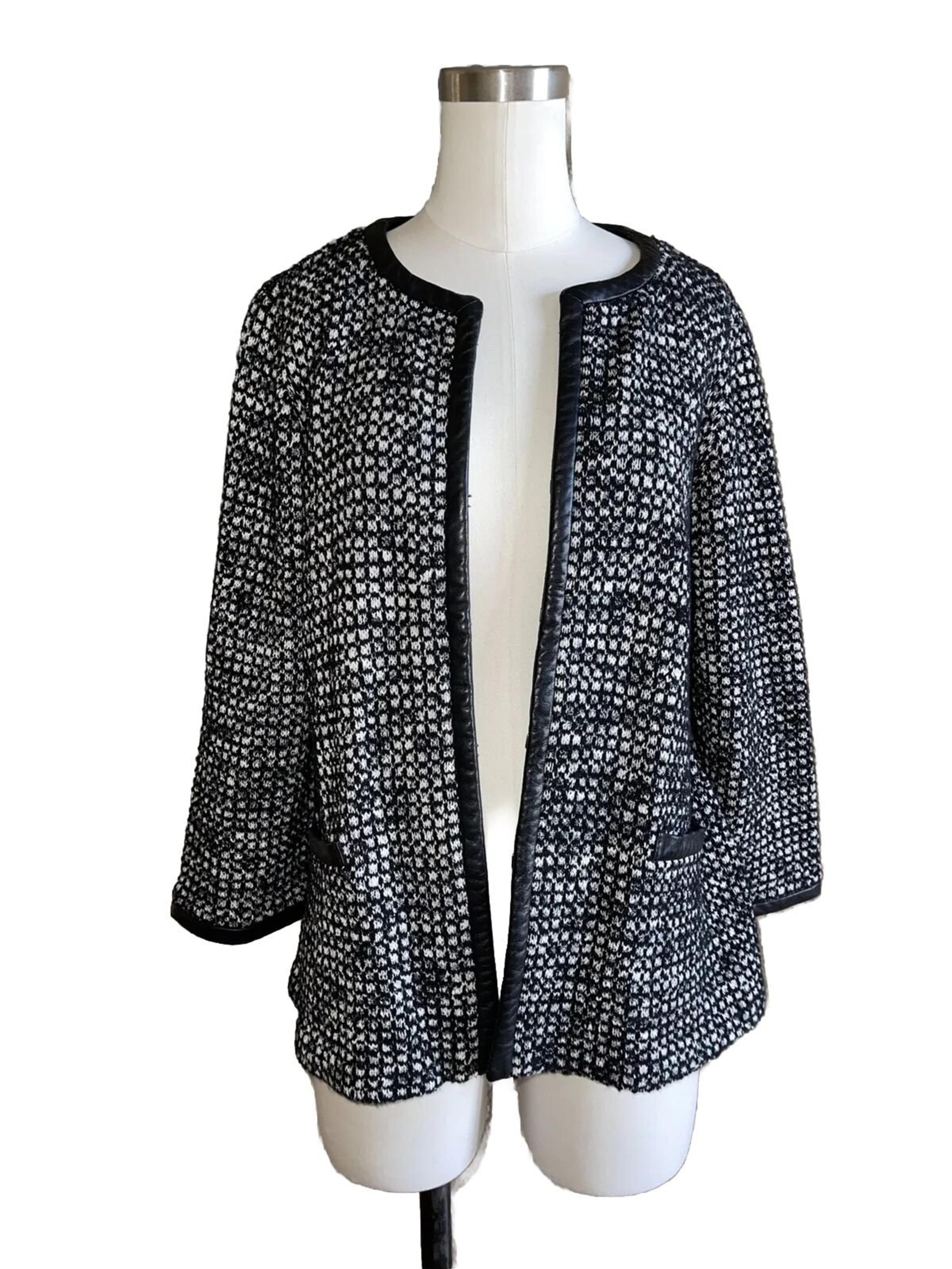 NWT Classiques Entier Black White Textured Wool Leather trim blazer jacket XL