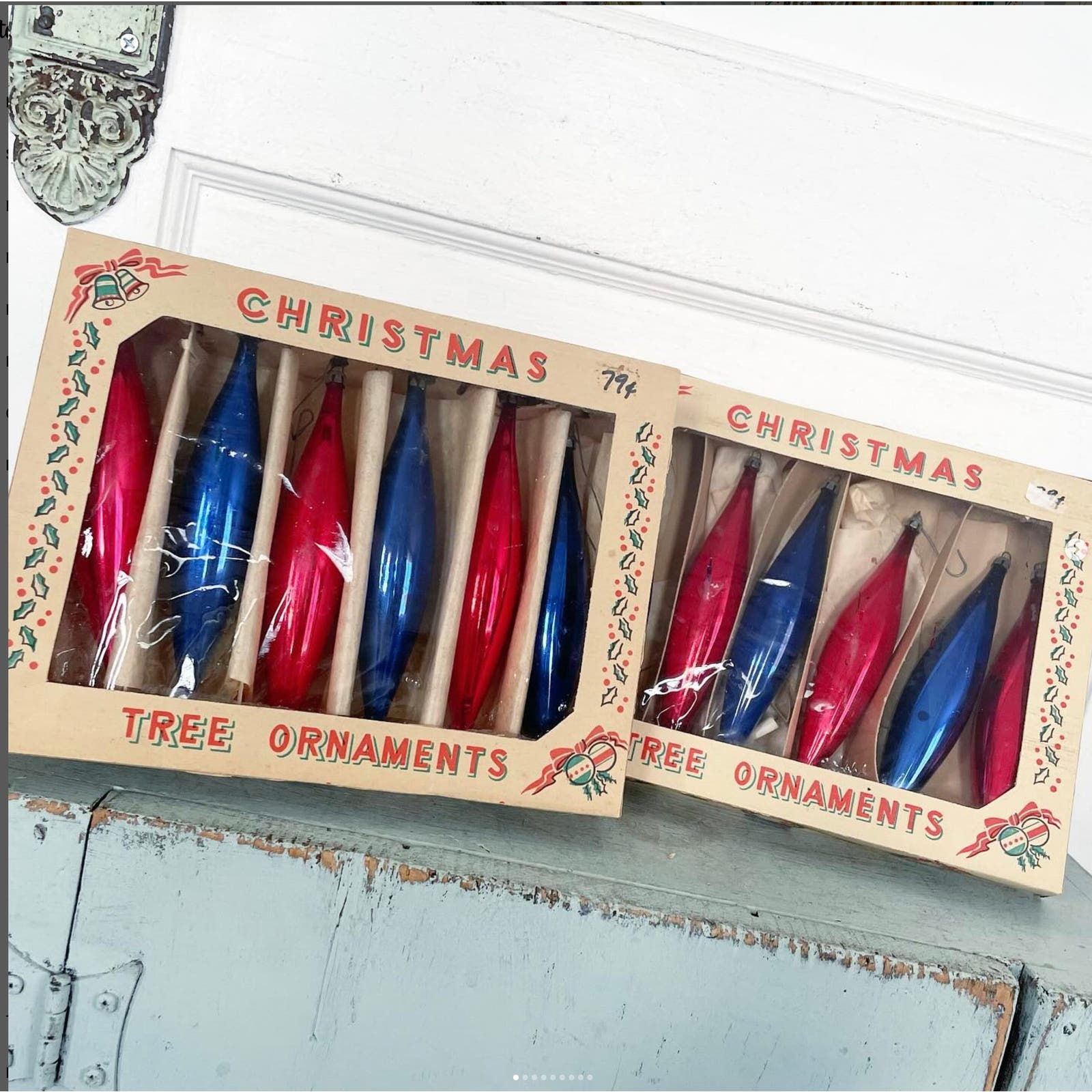 Vintage Christmas Ornaments 6 Icicle Glass Patriotic Americana Poland Box Set 6