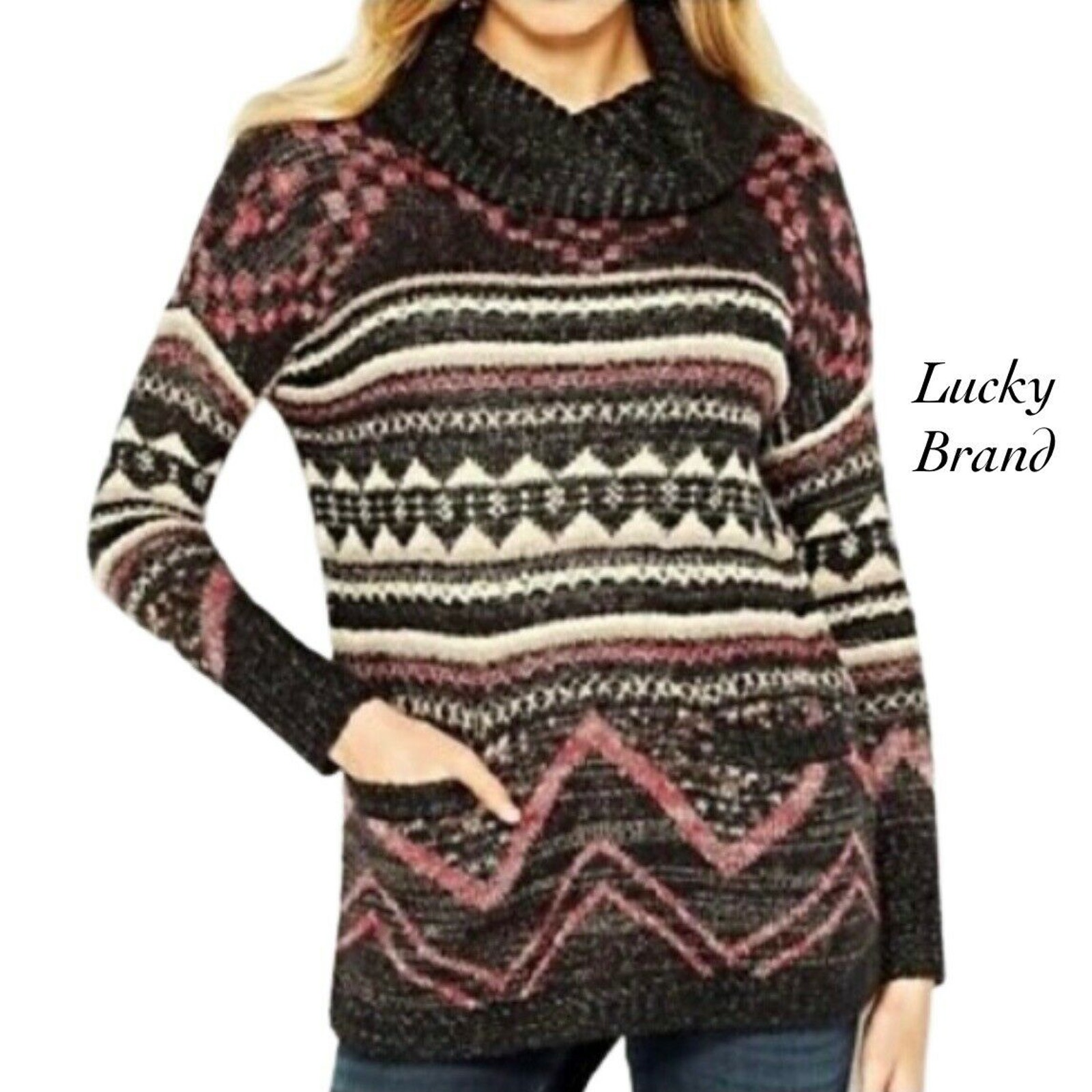 Lucky Brand Aztec Wool Blend Front Pocket Cowl Neck Raglan Sleeve Sweater Size S