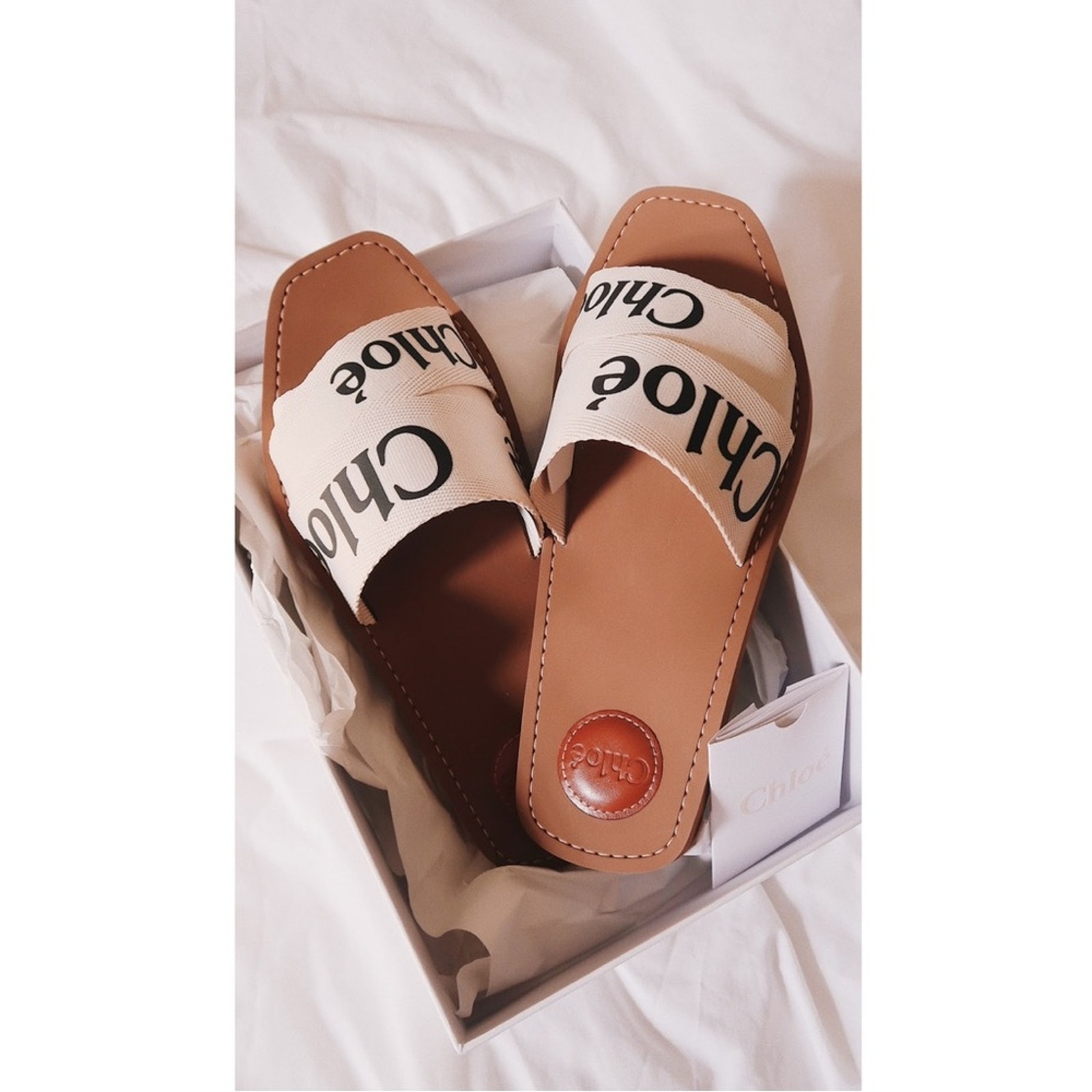 Chloe Woody Flat Logo Ribbon Slide Sandals