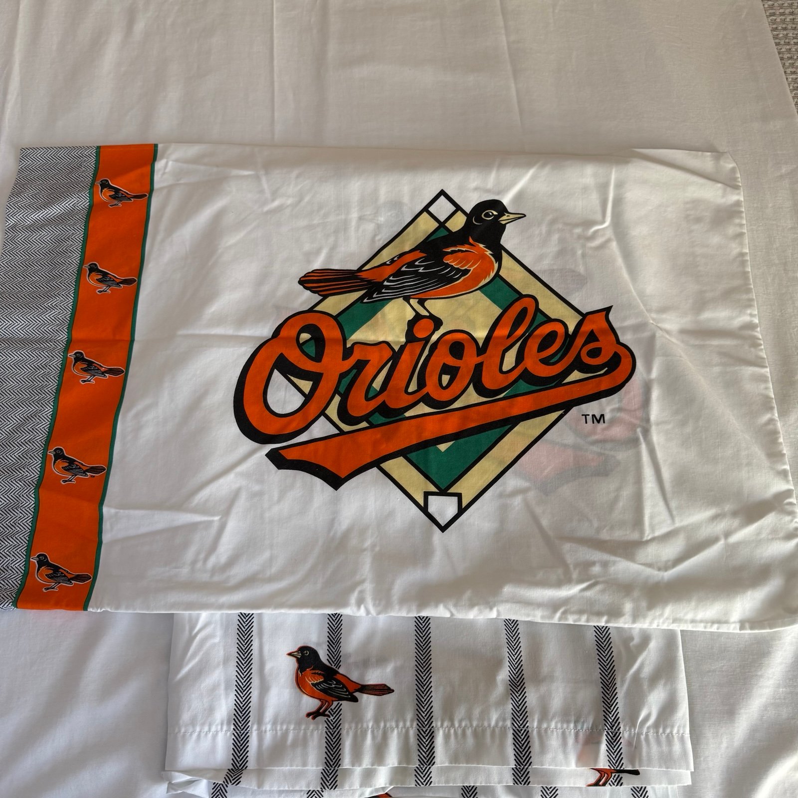Vintage Orioles 3 Piece Set Twin Flat Fitted Sheet Pillowcase MLB Lot Of 2 Rare