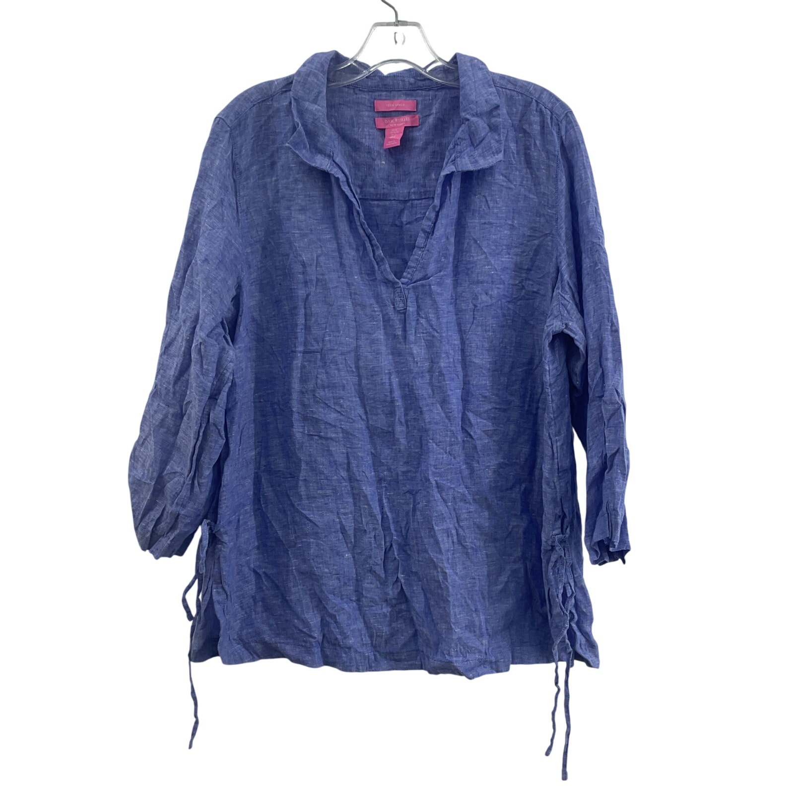 Isaac Mizrahi Blue Tunic Peasant Long Sleeve Linen Blouse Women's XL Preowned