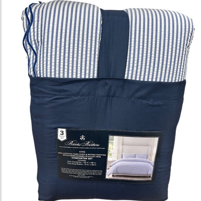 Brooks Brother Blue and White Striped King Comforter Set with Embroidered Trim
