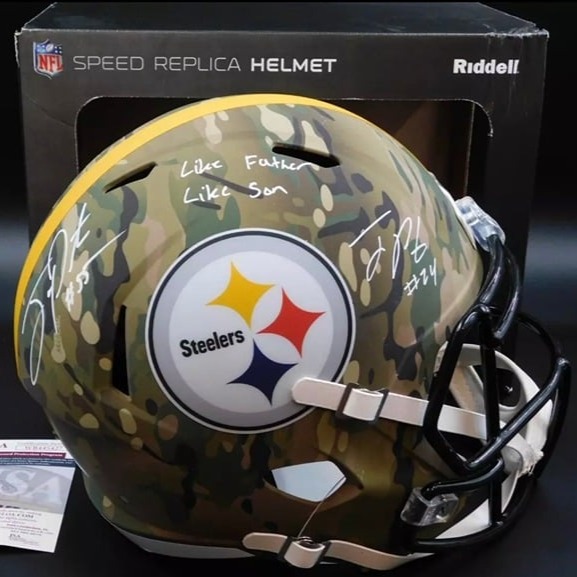 Joey Porter Jr Sr Dual Signed Autographed Steelers Full Size Camo Helmet JSA COA