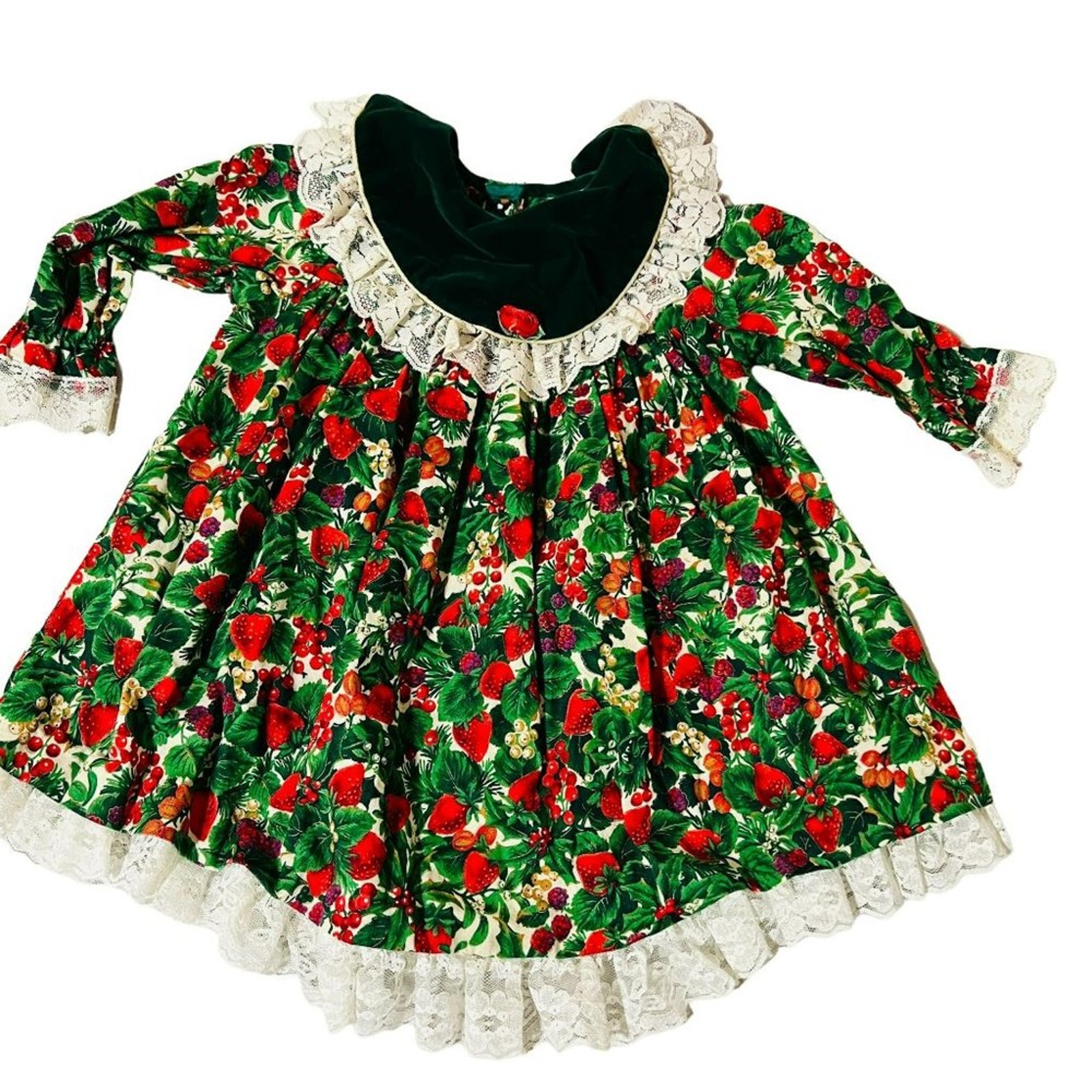 Vintage East Bay Gear Fruits Berry Print Cotton Dress Lace Trim Velvet Collar 2T