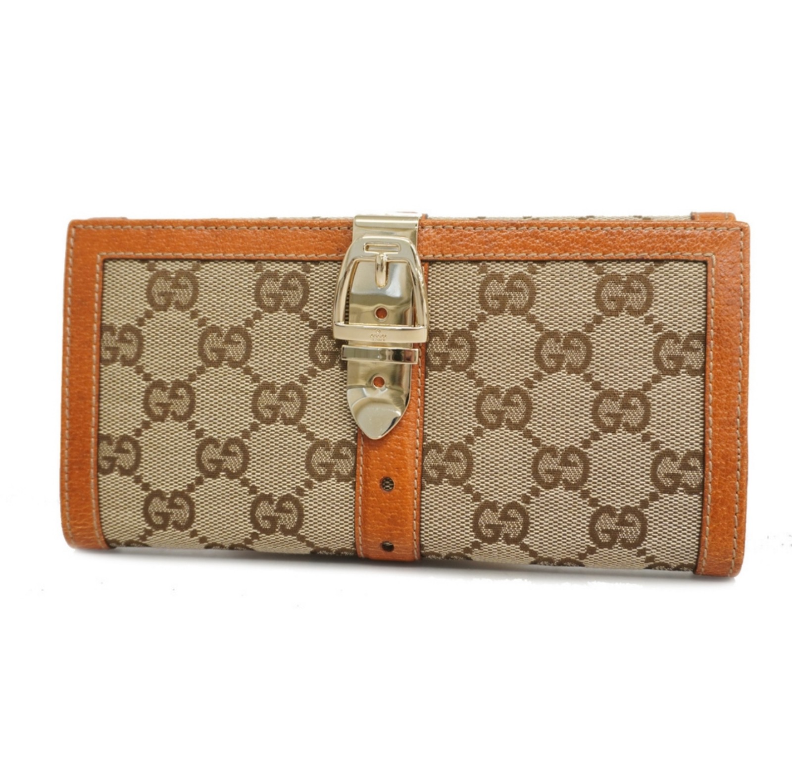 Auth Gucci Folio Long Wallet GG Canvas 146201 Brown/Beige Gold metal