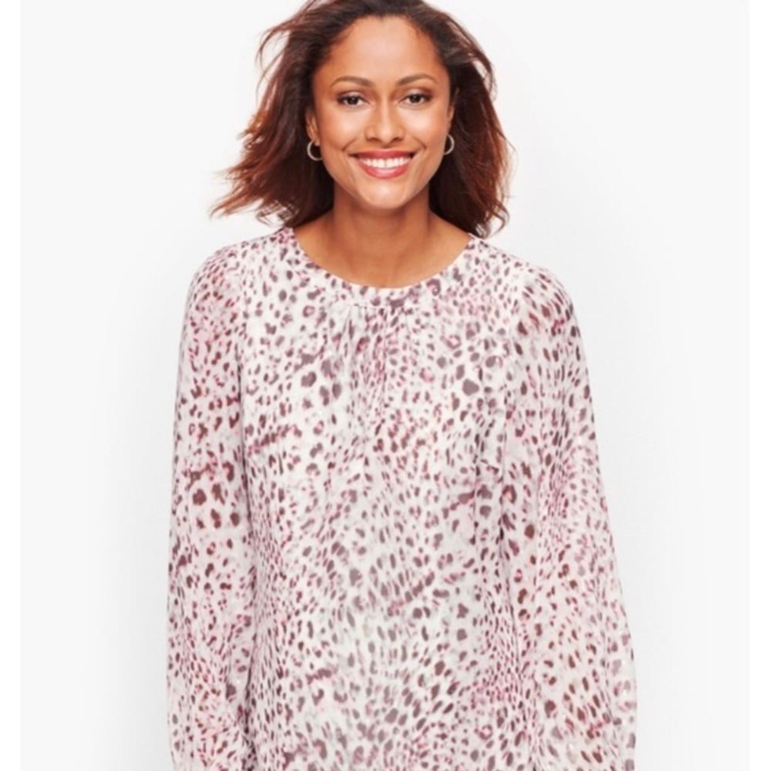 Womens NWT Talbots Snow Leopard Sheer Lined Metallic Tie Back Blouse top
