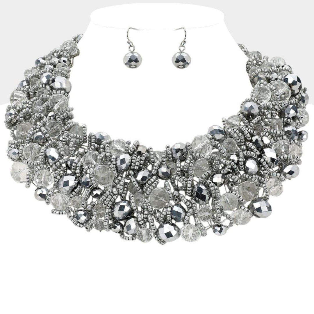 Silver Rhodium Metal Ball Crystal Cluster Beads Necklace Set Wire Chunky Jewelry