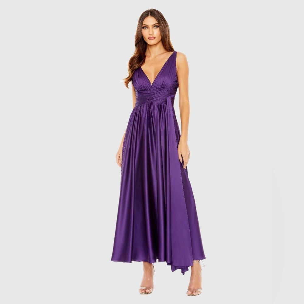 Size 10 IEENA FOR MAC DUGGAL 56035 NWT Ruched Top Satin Pleated Tea Length Dre