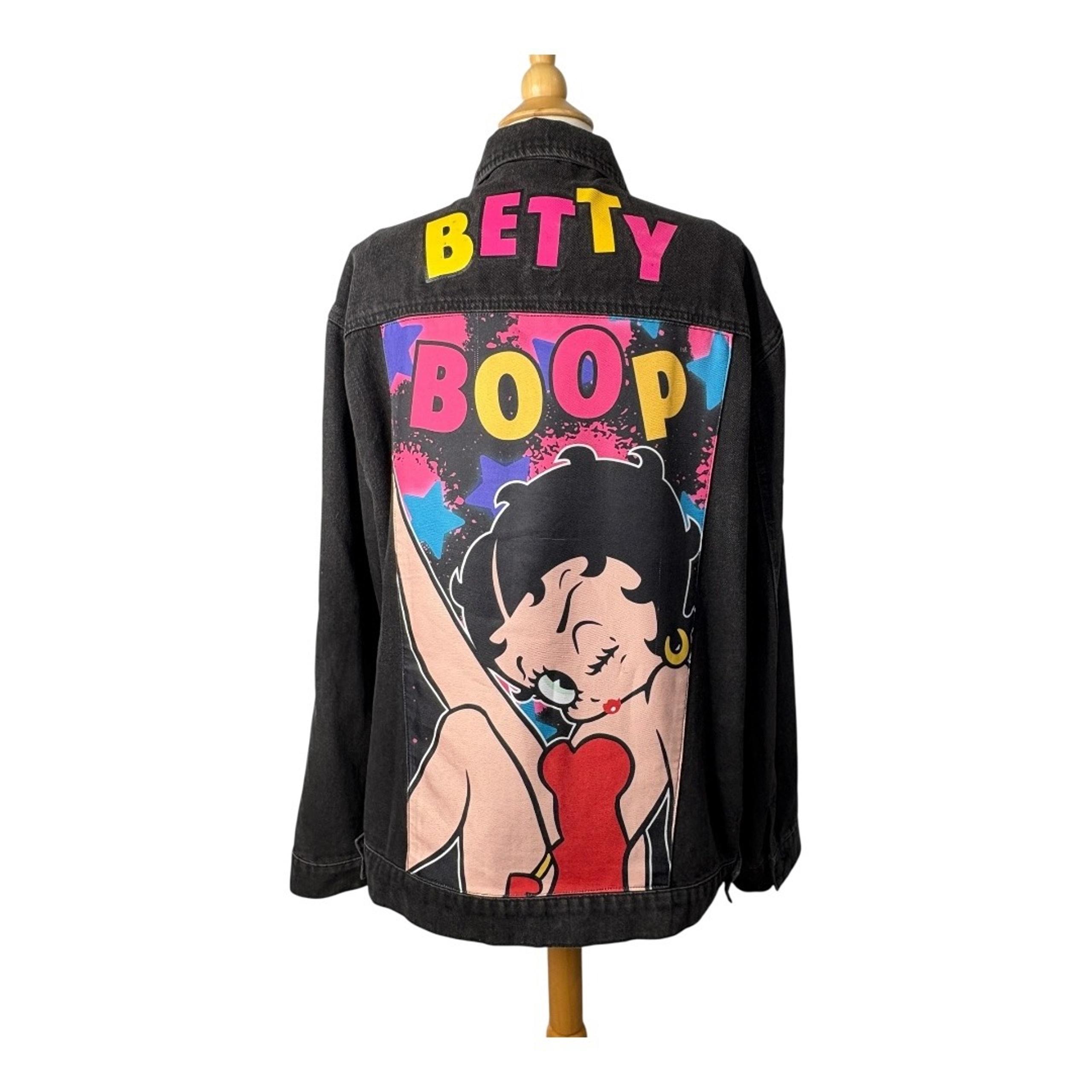 Betty Boop Denim Jacket Cartoon Graphic Black Trucker Jean Jacket Women Size 2X