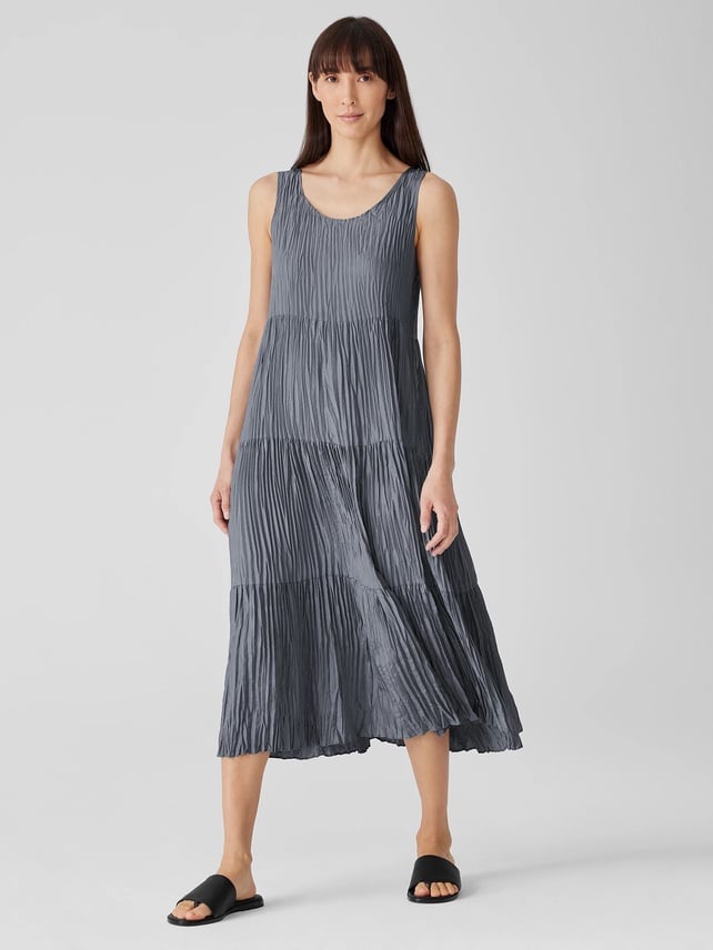 EILEEN FISHER Crushed Silk Tiered Dress