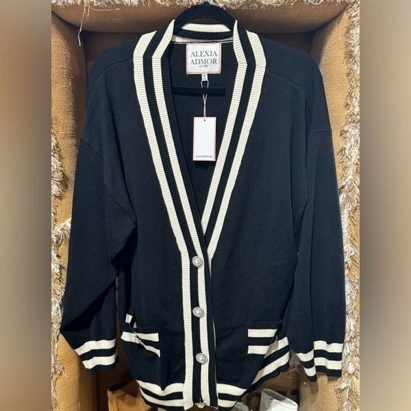 Alexia Admor Frances Preppy Cardigan Sweater Black M NEW
