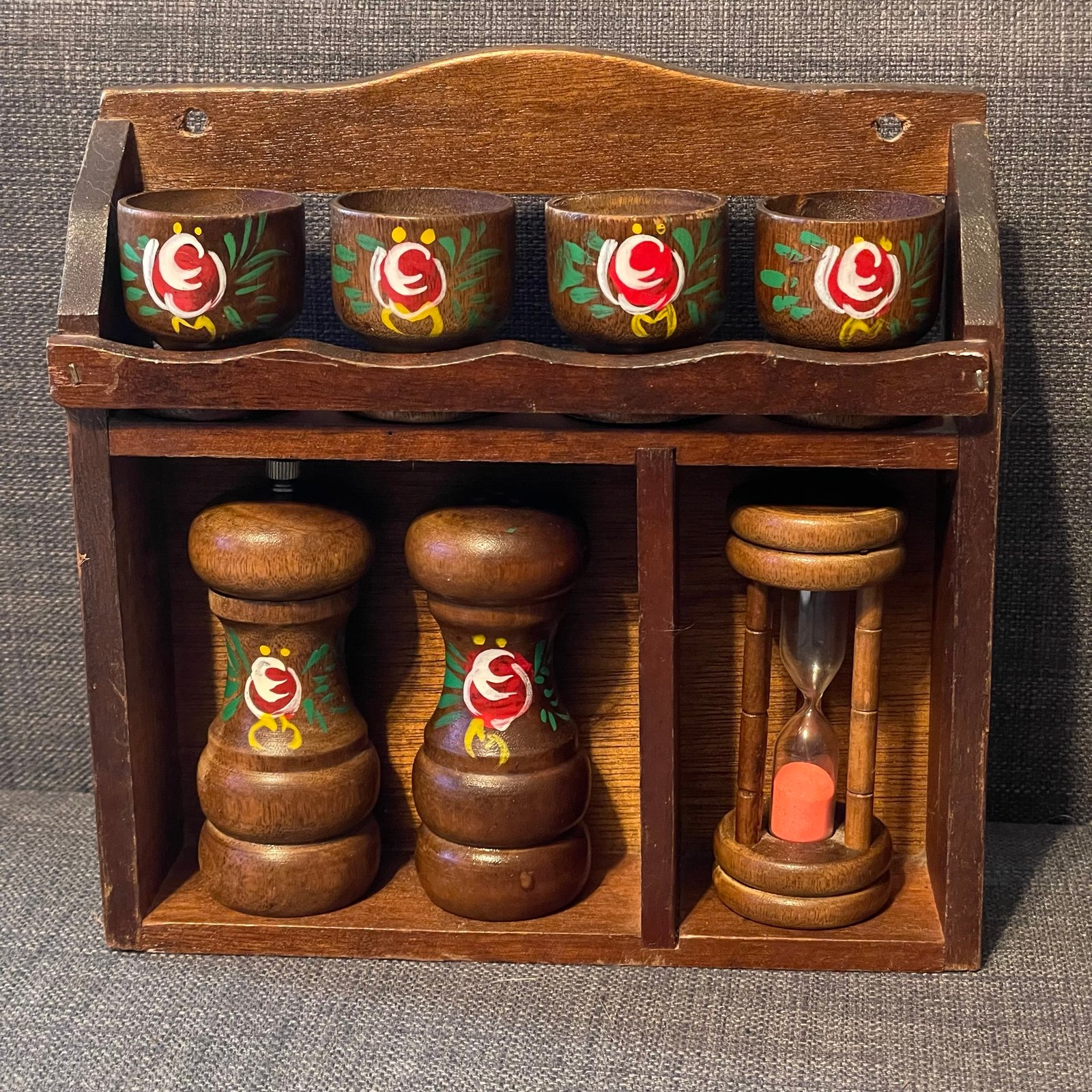 Vtg Wooden Egg Cups Timer Salt & Pepper Shaker Wall Rack Mid Century German