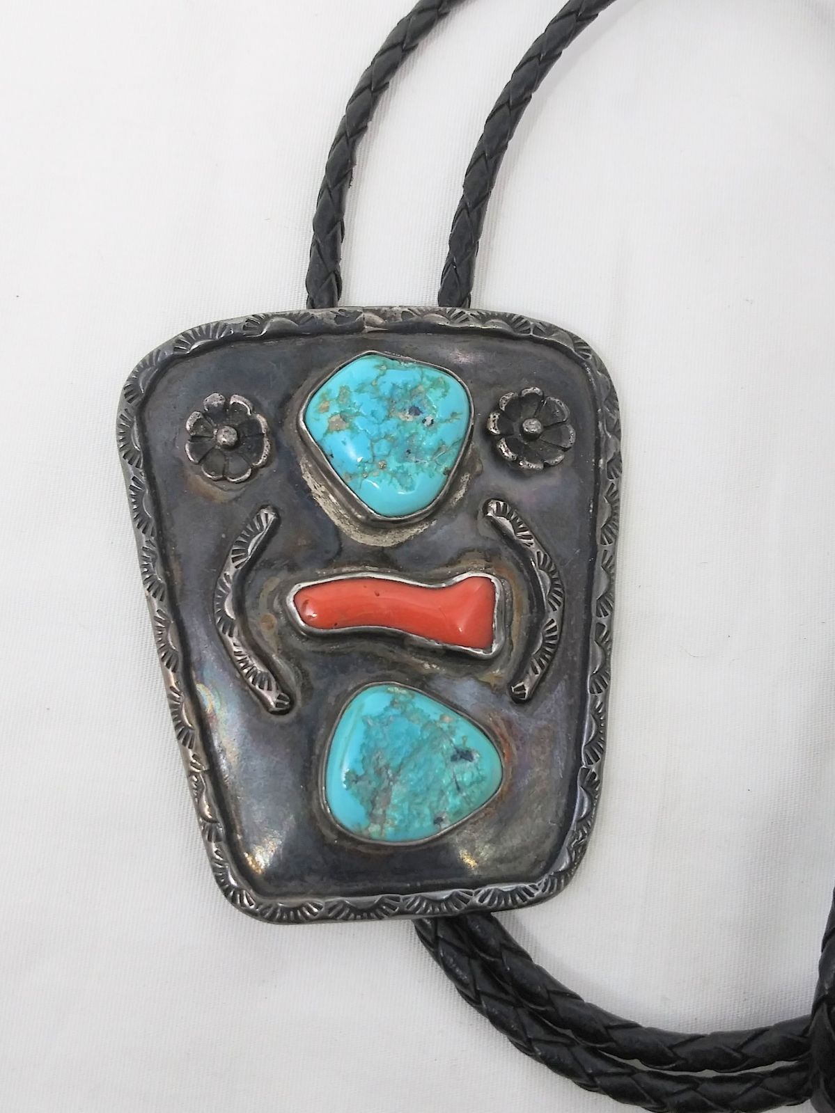 Vintage Turquoise Branch Red Coral Large Sterling Silver 925 Bolo Tie Leather