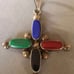 VINTAGE MEXICO MODERNIST PENDANT LARGE SIGNED SILVER CROSS DROP GEMSTONES