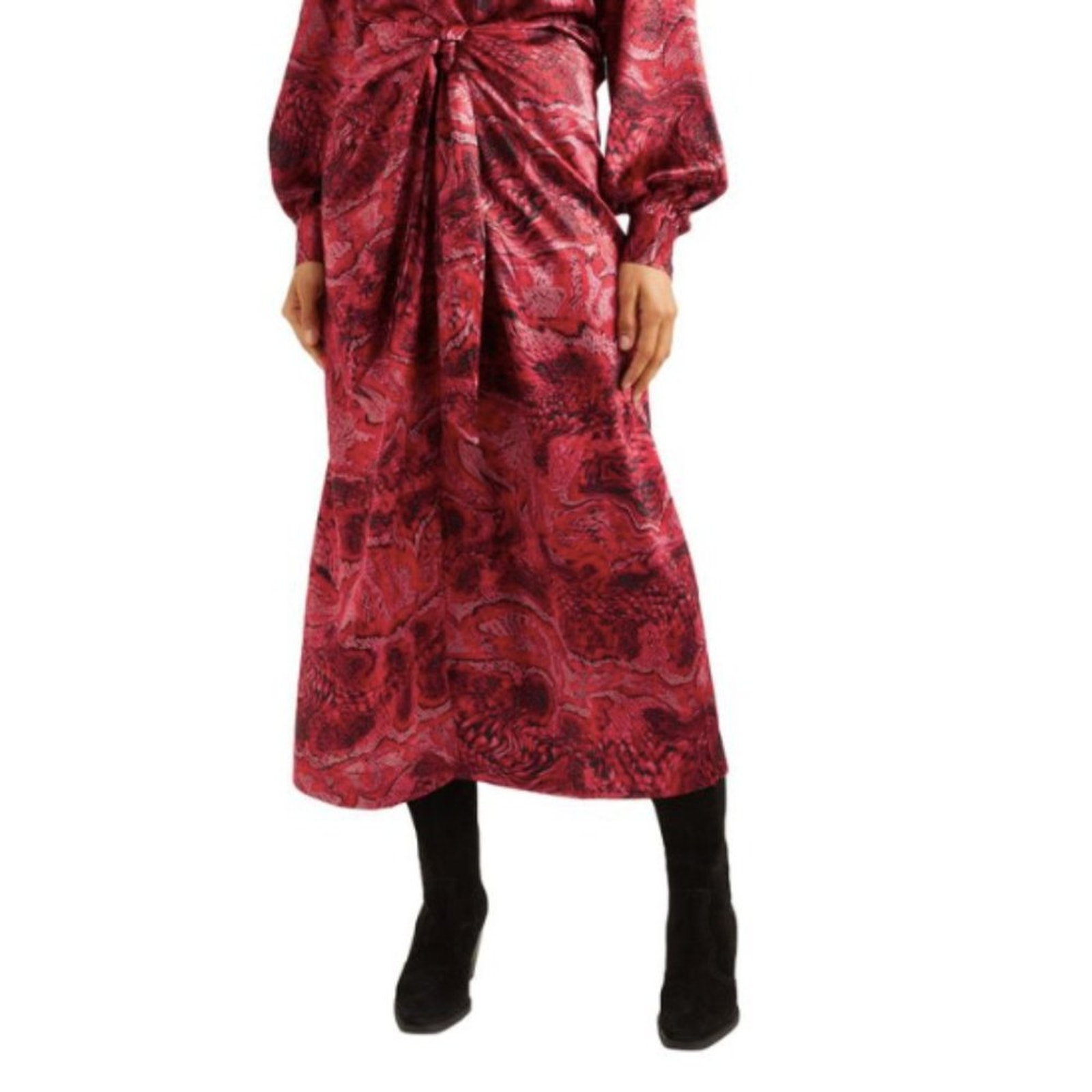 Ganni Red Silk Satin Snake Print Midi Skirt