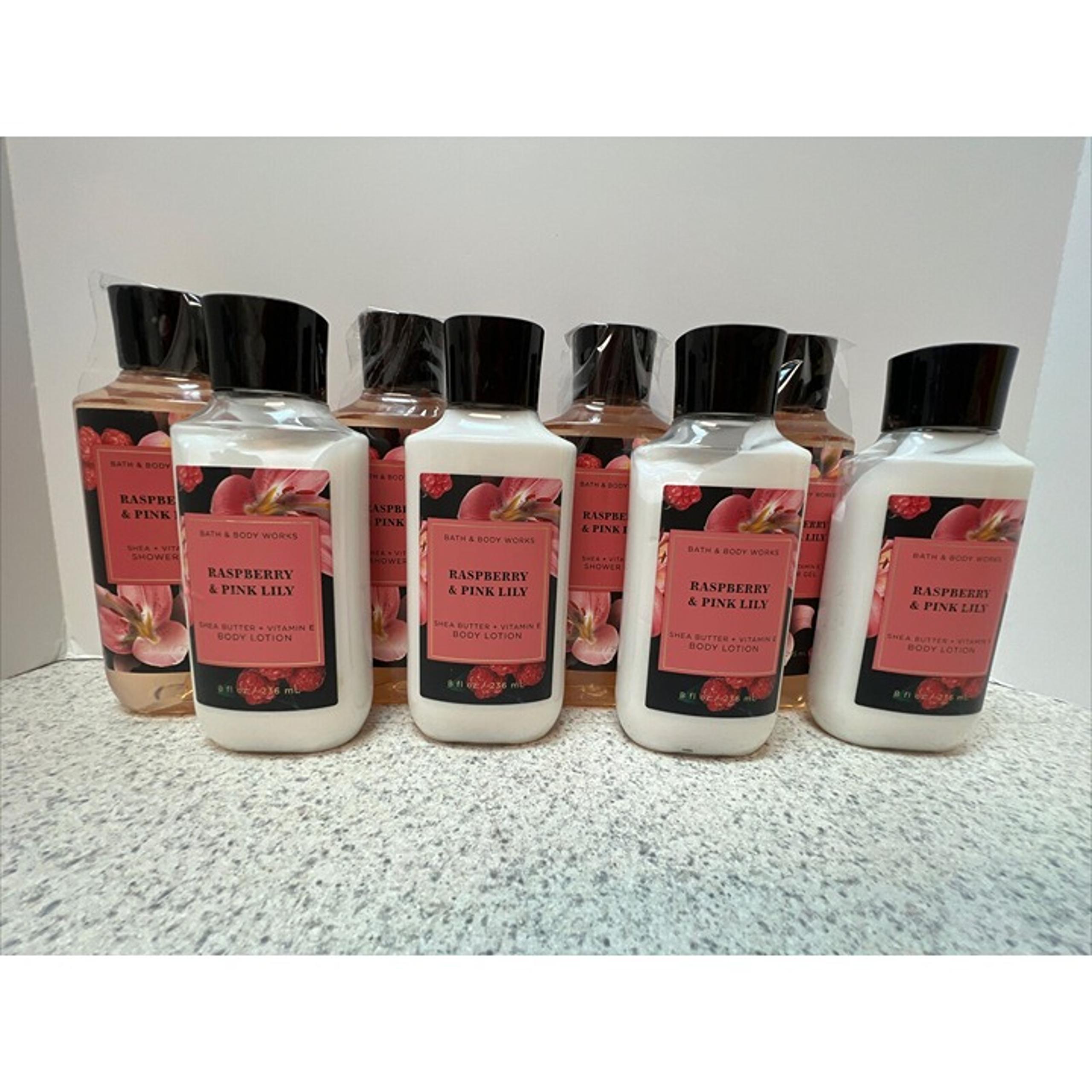 Bath and Body Works 8 Pc Set Raspberry Pink Lily 4 Lotion & 4 Shower Gel!!!!