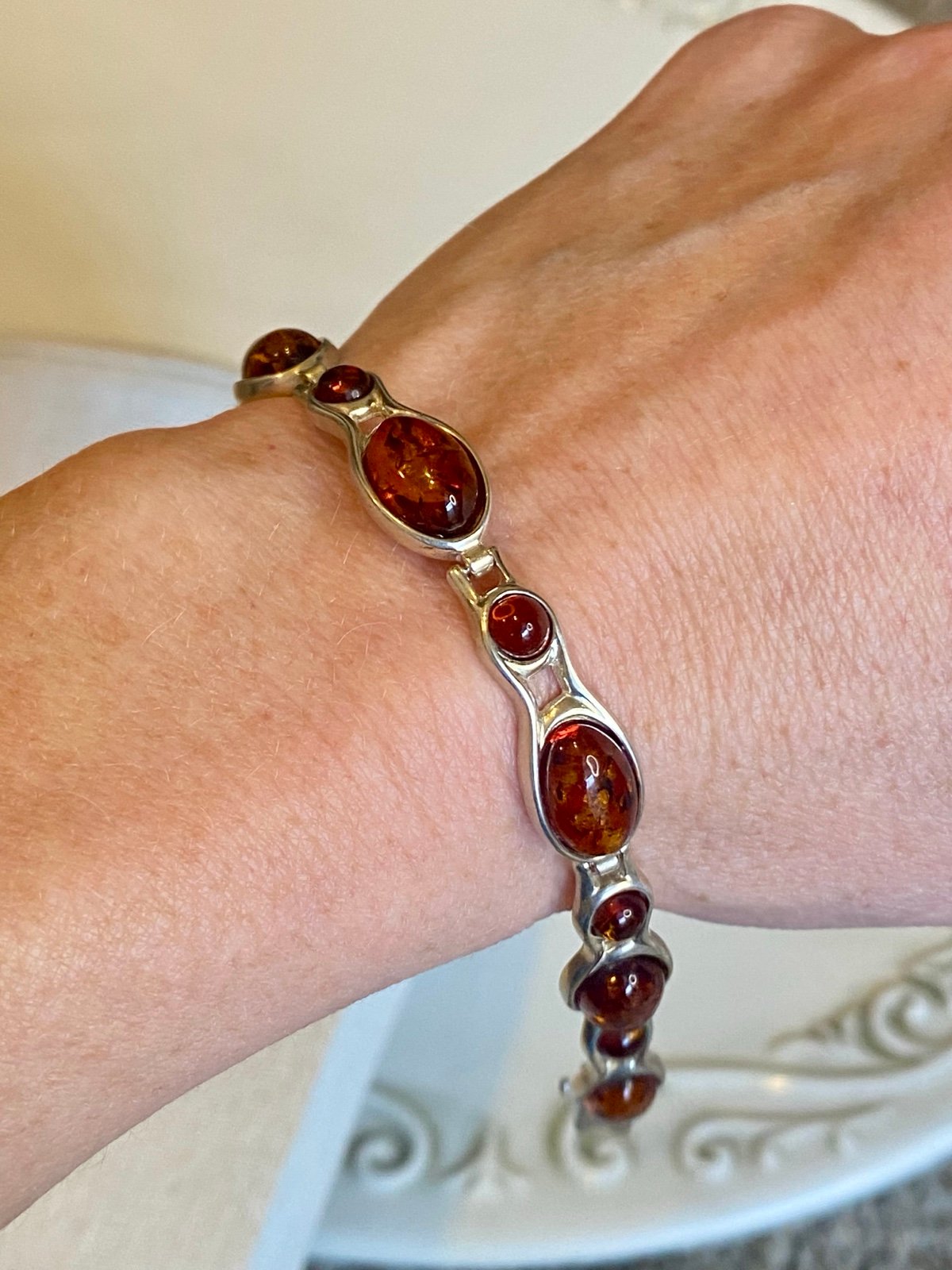 Vintage Sterling Silver Amber Bracelet