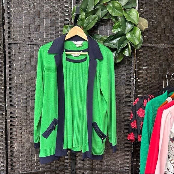 Exclusively Misook green blue sweater set medium large acrylic soft flowing