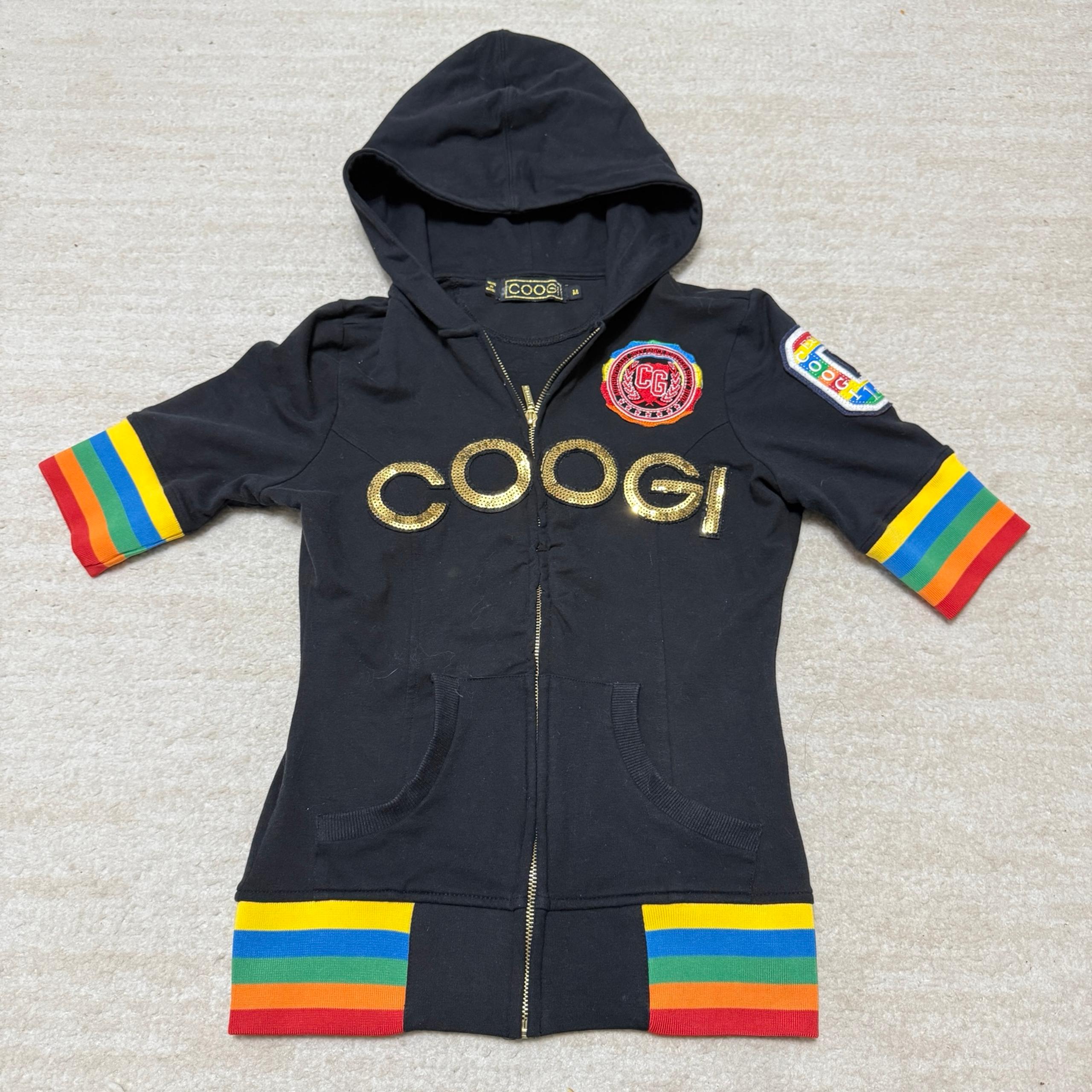 COOGI Hoodie Short Sleeve Jacket Rainbow Trim Full Zip Black Sequin Women's M