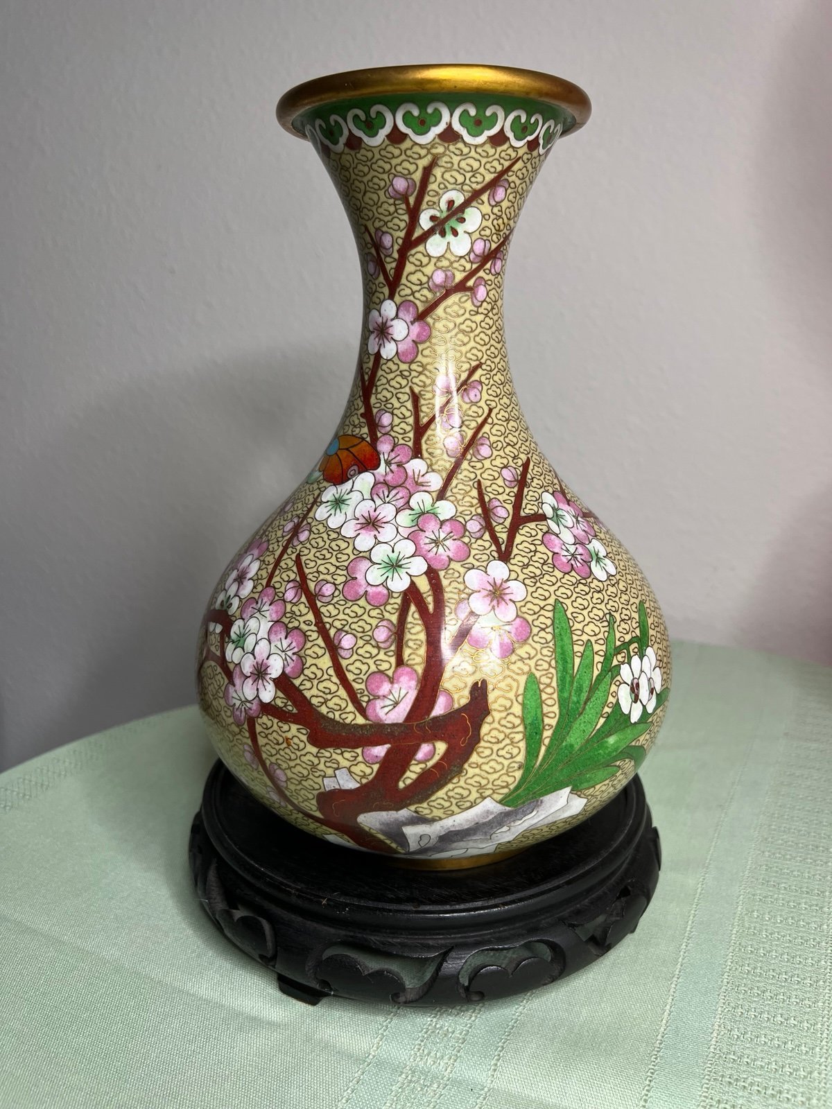 Chinese Vintage jin tai lan brass vase with plum blossoms and roses