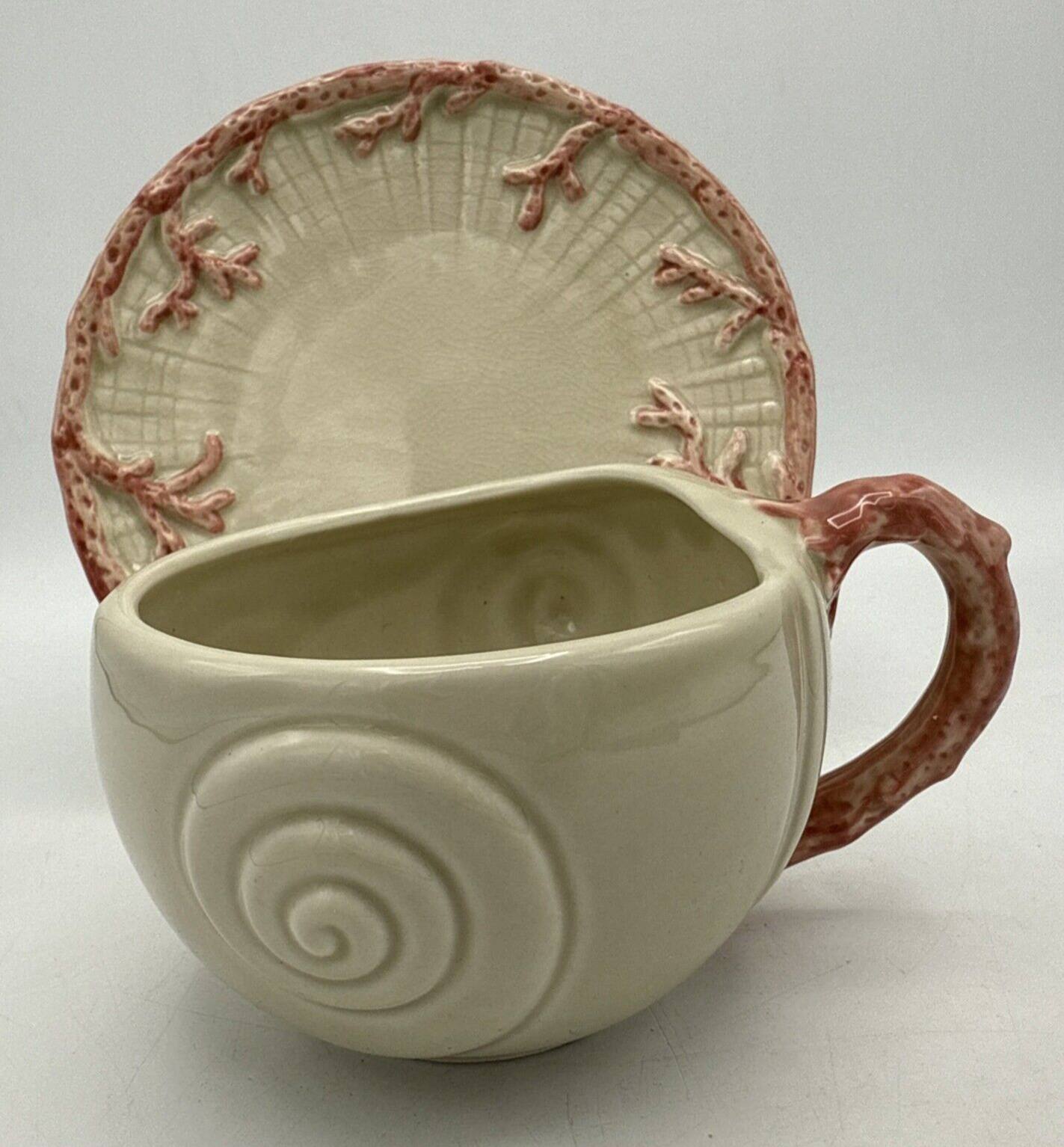 Fitz and Floyd Oceana Cup and Saucer Set Cream Pink Coral Vintage 1977 Porcelain