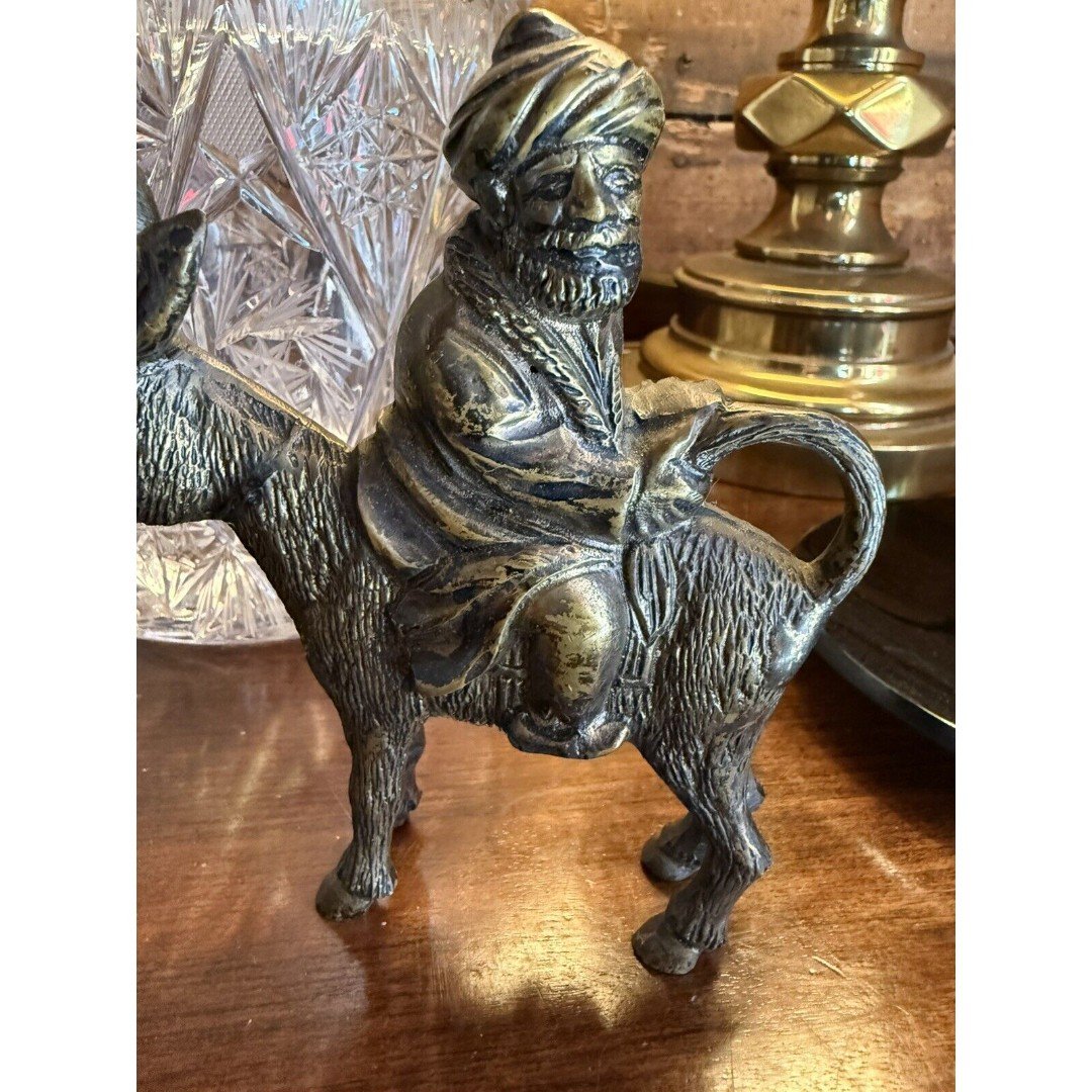 Vintage Nasreddin Hodja Brass Statue Figurine Riding Donkey Backwards Turkey