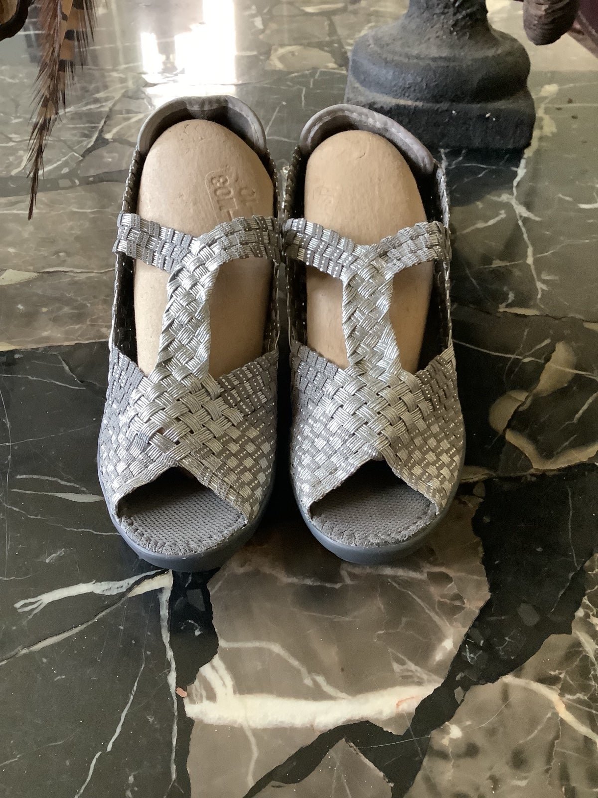 Bernie mev silver metallic t-strap wedges size 39