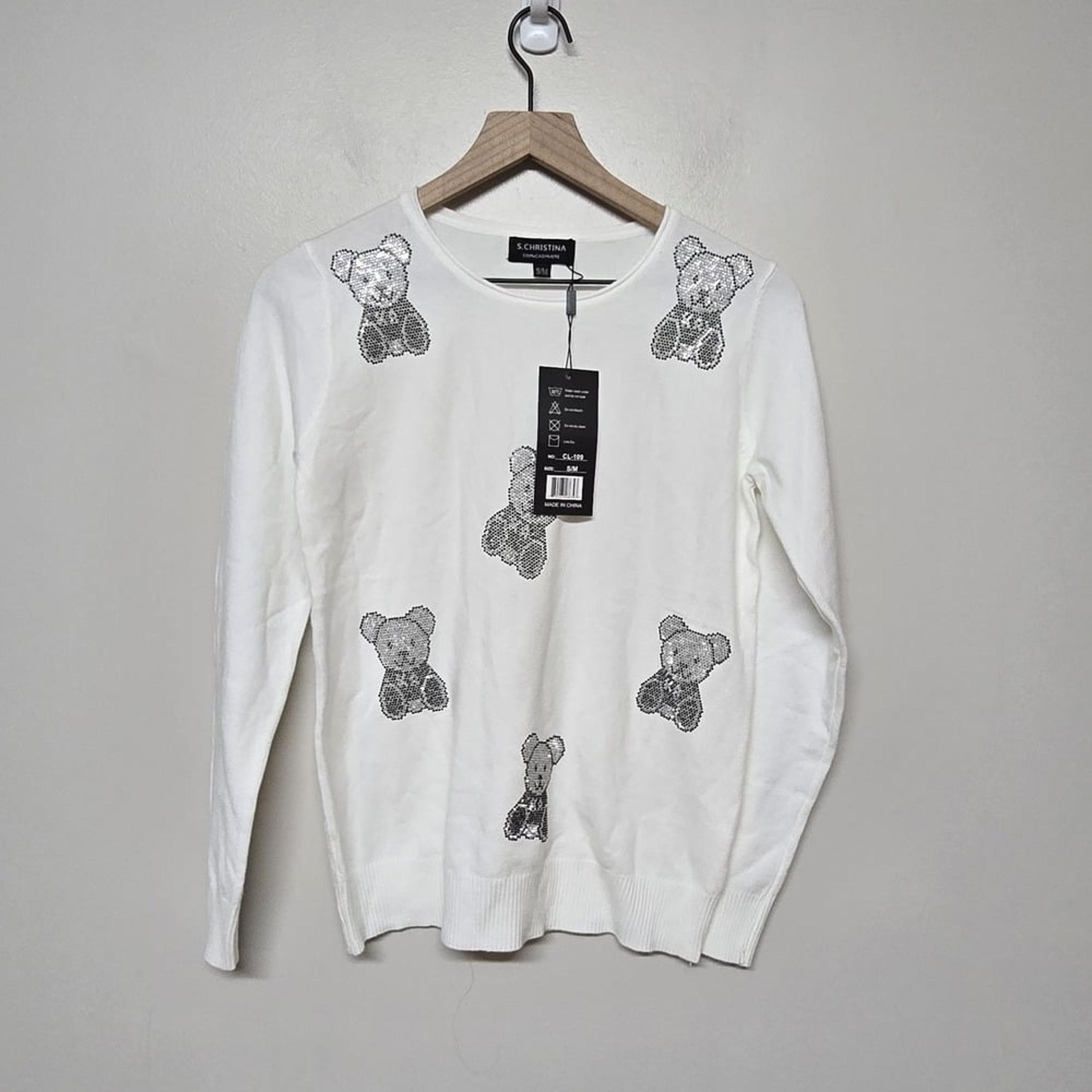 S. Christina Womens 100% Cashmere Sequin Teddy Bear Sweater Size S/M NWT Preppy