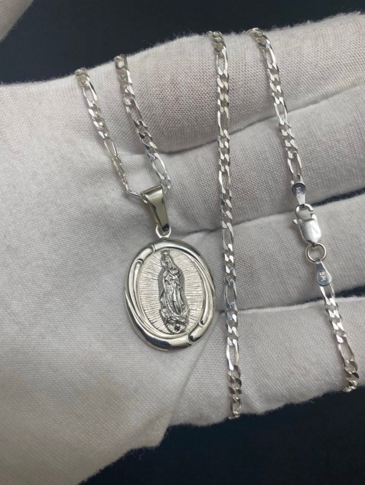 Sterling Silver Virgin Mary Necklace with 24 Silver Figaro Chain