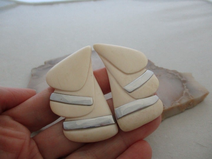 Big Ivory Clip on Earrings Vintage Genuine Carved Pre-Ban 80's