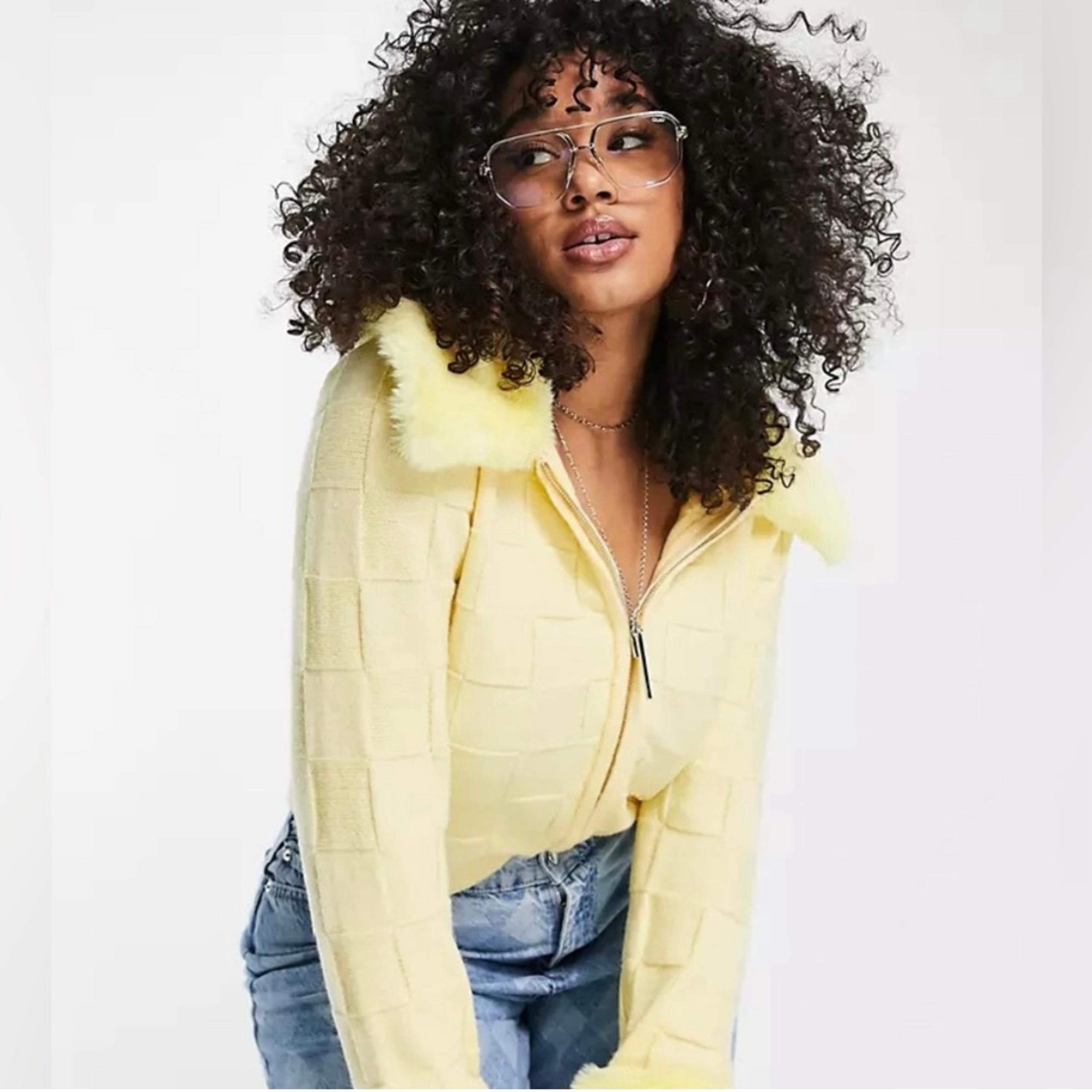 ASOS Women Faux Fur Cuff Yellow Knit Cardigan Sweater Full Zip Size US 6