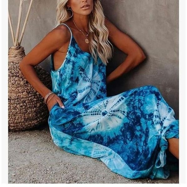 Strappy V Neck Flowy Tie Dye Long Maxi Dress With Pockets